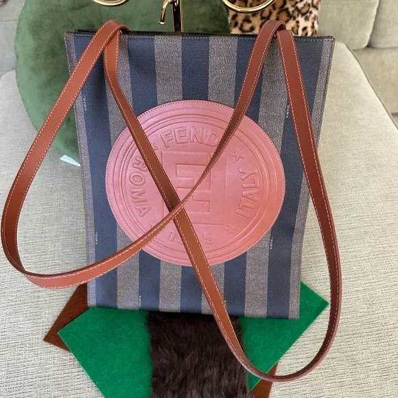 RARE! FENDI LEATHER KHAKI PECAN LOGO PCV TOTE BAG - Picture 3 of 12